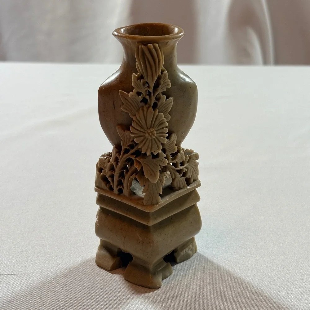 Vintage Hand Carved Soapstone Bud Vase Chinese Floral Relief Tan 5.5 Inch
